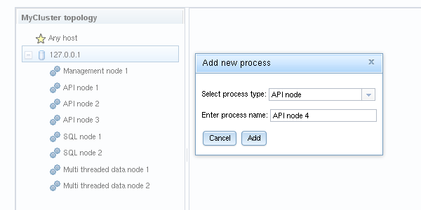 Dialog used in the NDB Cluster Auto-Installer Define Processes screeen for adding a new cluster process.