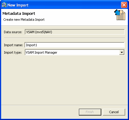 New Import screen, used to define import name and type