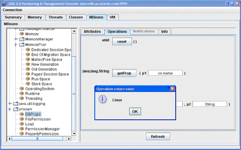 Operations Tab of the MBeans Tab of the JConsole Interface