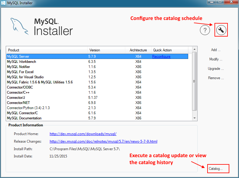 MySQL Installer - Open the MySQL Product Catalog
