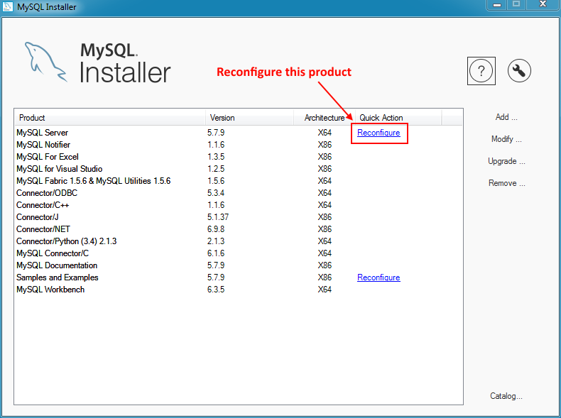 MySQL Installer - Reconfigure a MySQL Product
